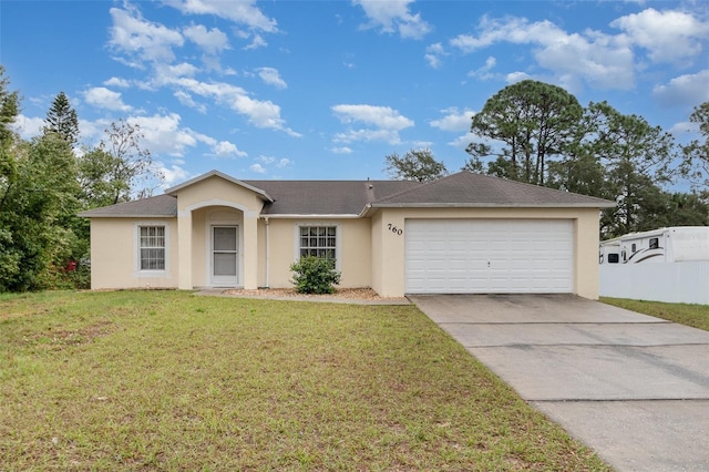 single story home featuring stucco siding, fence, concrete driveway, a front yard, and a garage