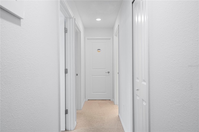 corridor with light carpet and a textured wall