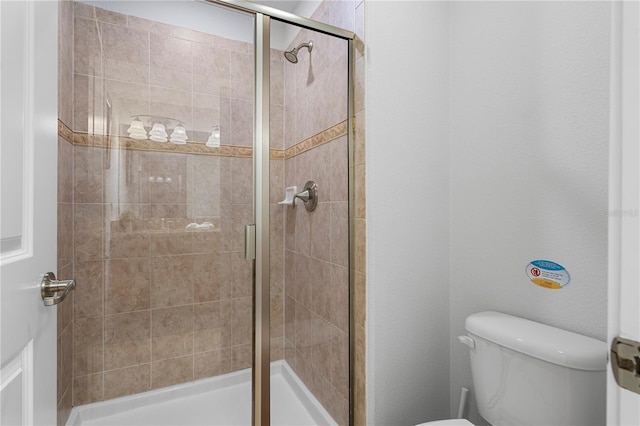 bathroom with a stall shower and toilet