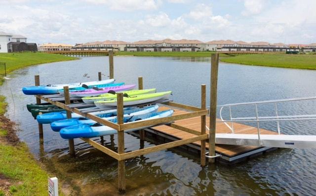 view of dock featuring a water view and a residential view