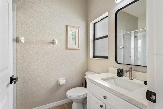 bathroom featuring toilet, a textured wall, a shower stall, and vanity