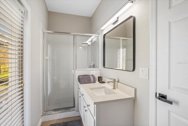 full bath with tile patterned flooring, a shower stall, and vanity