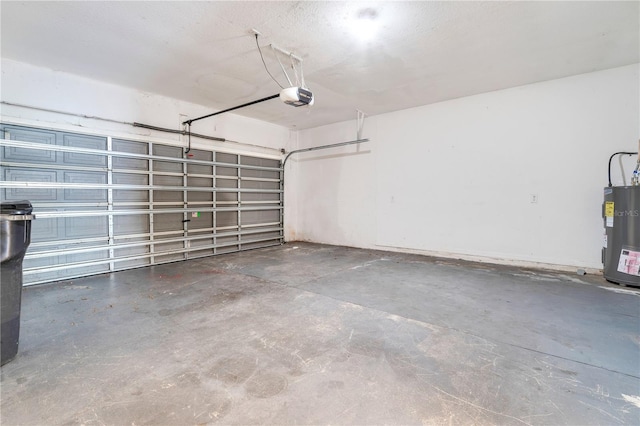 garage with a garage door opener and water heater