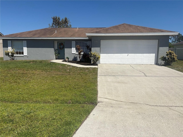 single story home featuring a garage, stucco siding, concrete driveway, and a front lawn