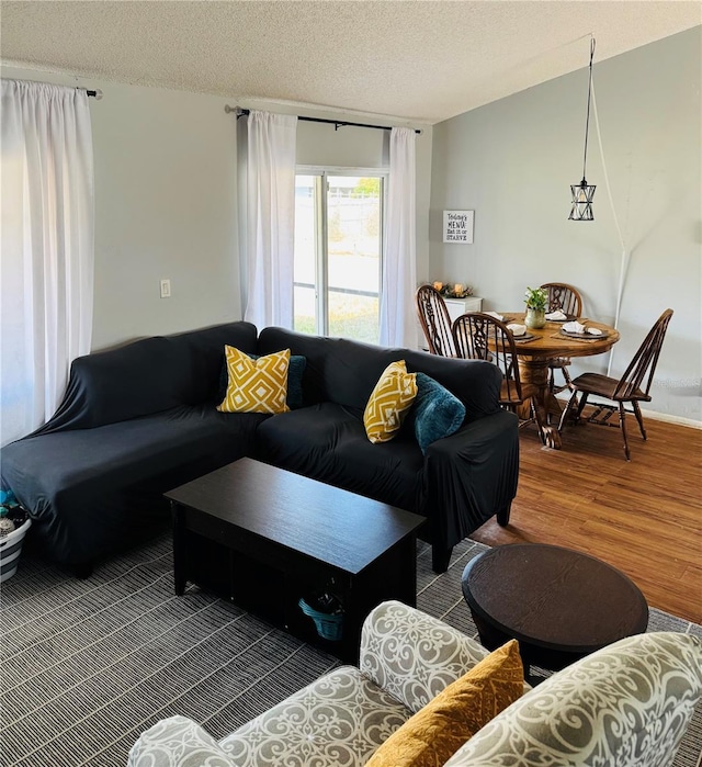 living room featuring wood finished floors and a textured ceiling