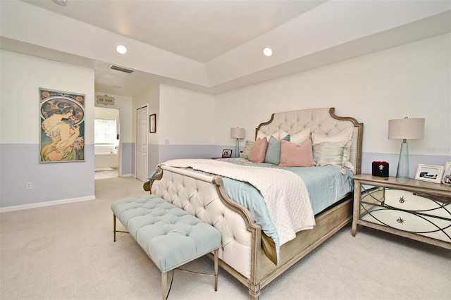 bedroom with recessed lighting, baseboards, visible vents, and light colored carpet