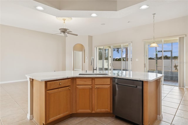 kitchen featuring arched walkways, recessed lighting, a sink, ceiling fan, and dishwasher