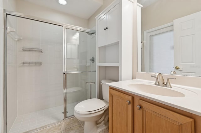 full bathroom with vanity, a stall shower, tile patterned flooring, and toilet