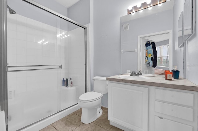 full bathroom with toilet, visible vents, vanity, tile patterned floors, and a stall shower