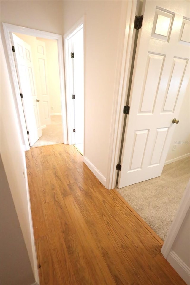 hall featuring light wood finished floors and baseboards