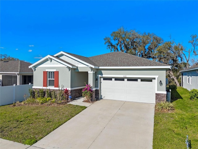 view of front of home with a garage, stone siding, driveway, stucco siding, and a front lawn