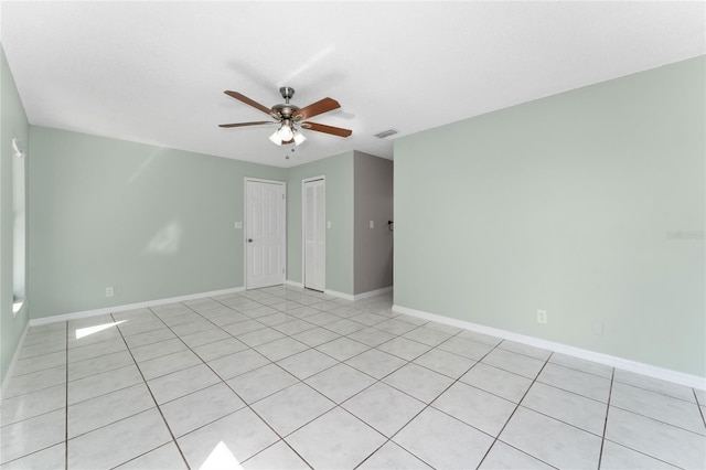 unfurnished room featuring ceiling fan, visible vents, and baseboards