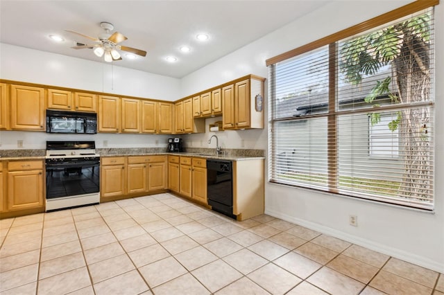 kitchen with light tile patterned floors, recessed lighting, a ceiling fan, black appliances, and baseboards