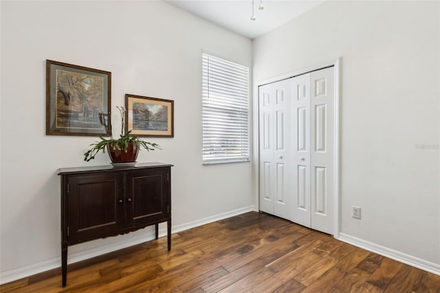 interior space featuring baseboards, dark wood finished floors, and a closet