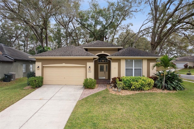 view of front of home with a garage, concrete driveway, roof with shingles, a front lawn, and stucco siding