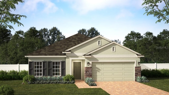 view of front of home with decorative driveway, fence, and stucco siding