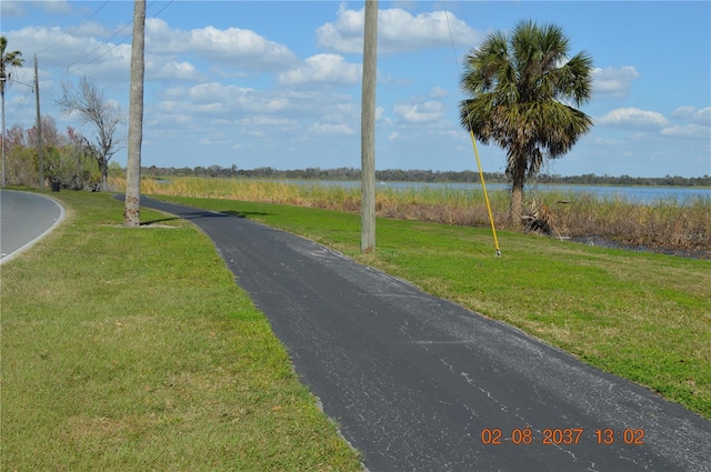 view of street with a water view