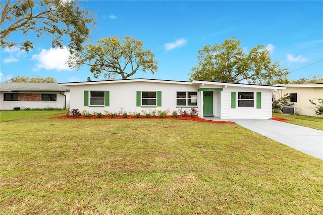 single story home featuring central AC and a front lawn