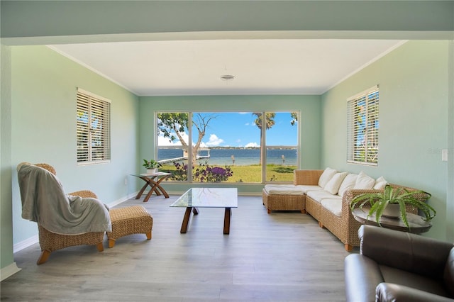 living room with baseboards, ornamental molding, and wood finished floors