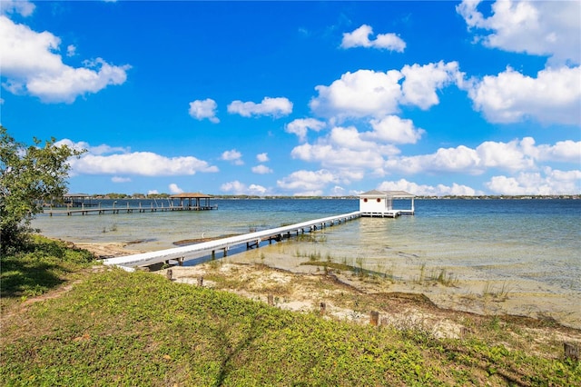 view of dock with a water view