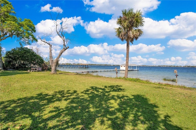 property view of water with a dock