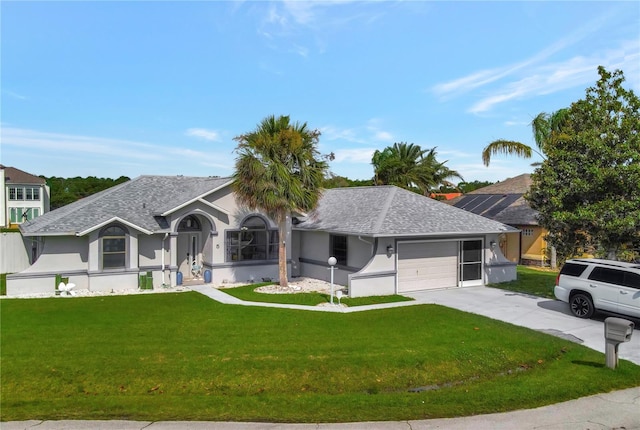 ranch-style house featuring an attached garage, driveway, roof with shingles, stucco siding, and a front yard