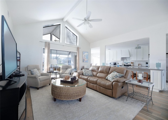 living area featuring light wood-style floors, beam ceiling, ceiling fan, and high vaulted ceiling