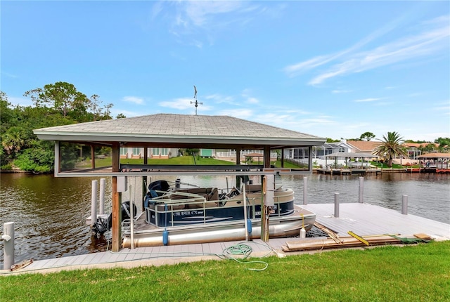 view of dock with a water view and boat lift