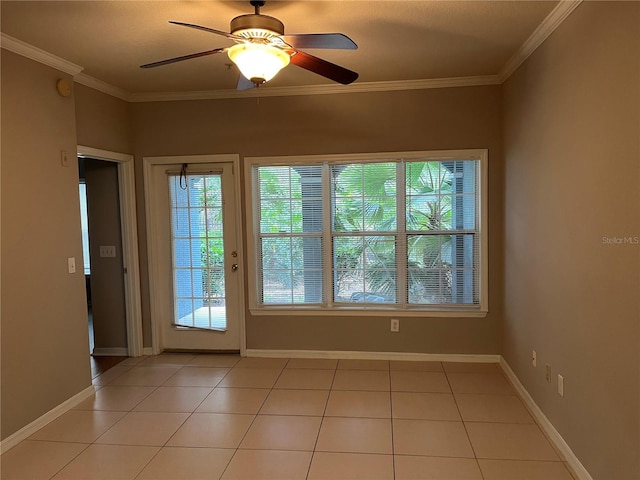 doorway featuring light tile patterned floors, ceiling fan, ornamental molding, and baseboards