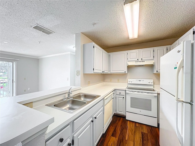 kitchen featuring light countertops, white appliances, white cabinetry, and under cabinet range hood