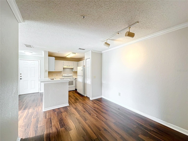 kitchen featuring white appliances, visible vents, white cabinetry, light countertops, and dark wood finished floors