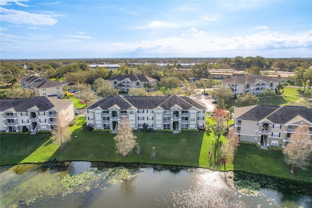 aerial view featuring a water view and a residential view