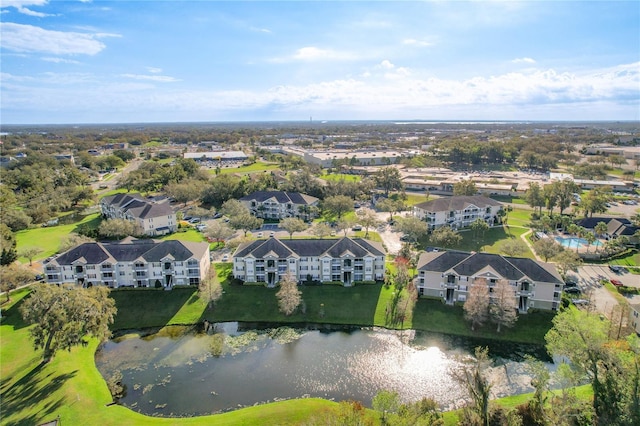 aerial view with a water view and a residential view