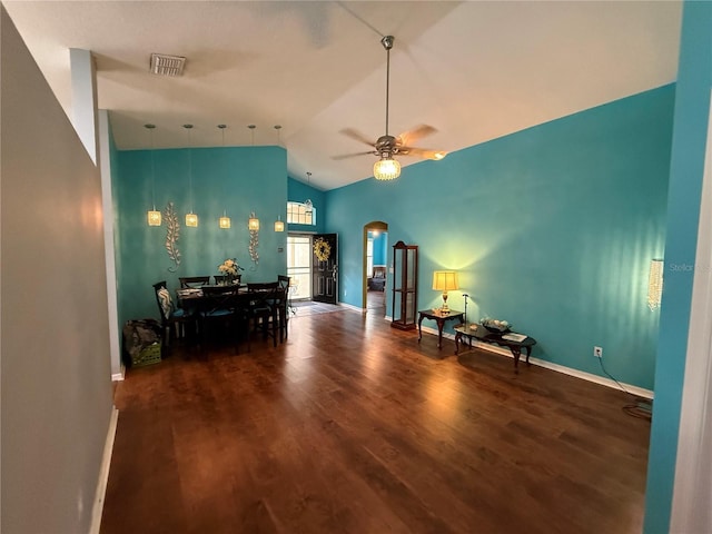 536 Dunoon St, Ocoee, FL 34761 - sitting room featuring arched walkways, vaulted ceiling, wood finished floors, and ceiling fan