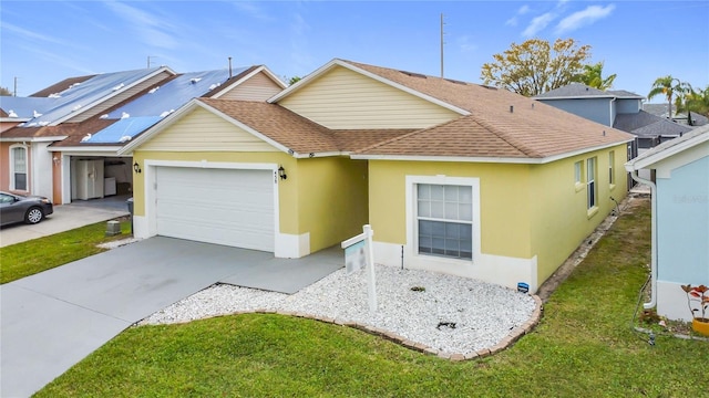 ranch-style house with roof with shingles, driveway, an attached garage, and stucco siding