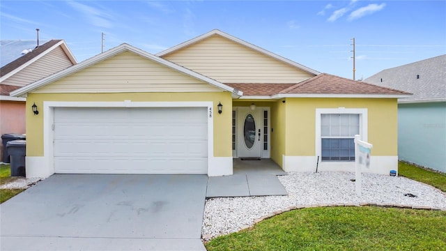 single story home featuring a garage, stucco siding, concrete driveway, and roof with shingles