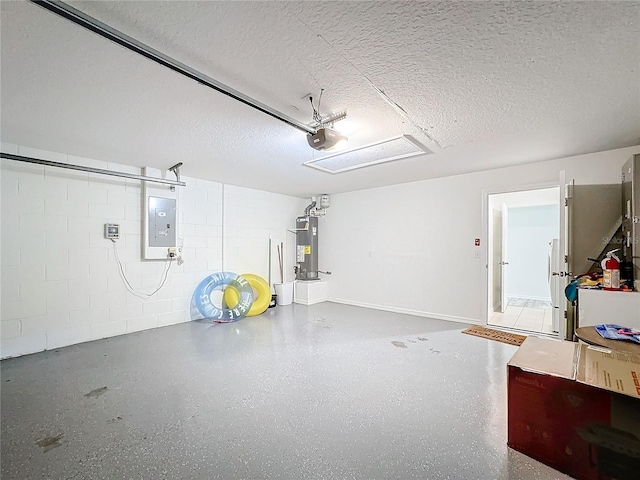 garage with a garage door opener, concrete block wall, electric panel, and water heater