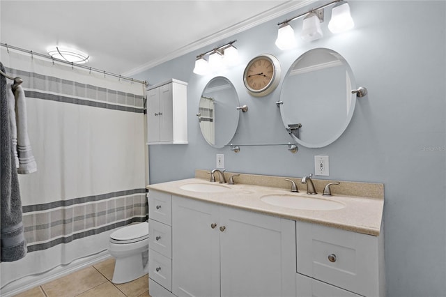 full bathroom with crown molding, double vanity, a sink, and tile patterned floors