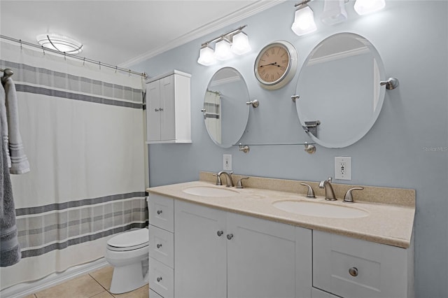 full bathroom featuring ornamental molding, tile patterned flooring, a sink, and double vanity