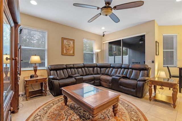 1562 Travertine Ter, Sanford, FL 32771 - living room with a ceiling fan, recessed lighting, and light tile patterned floors