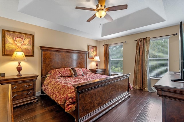 1562 Travertine Ter, Sanford, FL 32771 - bedroom with baseboards, multiple windows, a tray ceiling, and dark wood-type flooring