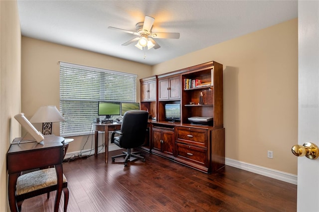 1562 Travertine Ter, Sanford, FL 32771 - office area with dark wood-type flooring, a ceiling fan, and baseboards