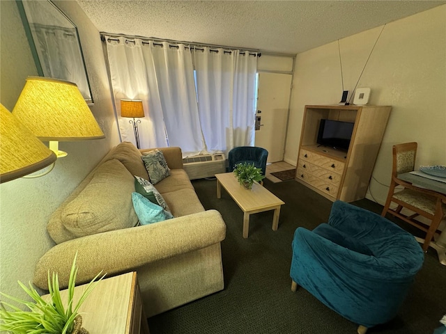 living room with a textured ceiling, a textured wall, and a wall mounted air conditioner