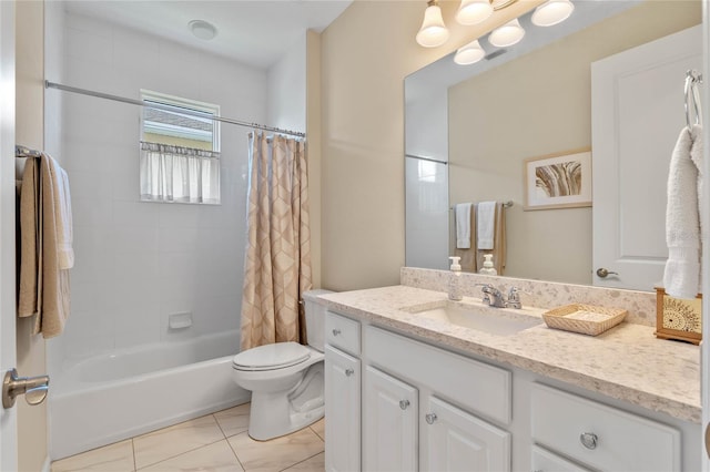 bathroom featuring toilet, shower / bathtub combination with curtain, and vanity