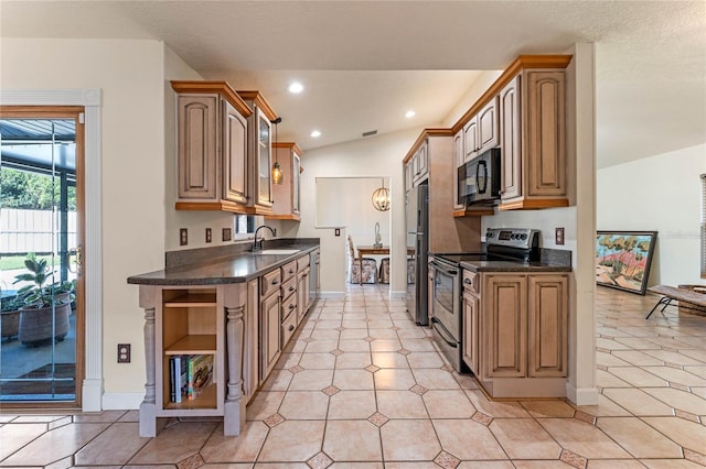 kitchen with dark countertops, open shelves, stainless steel appliances, and a sink