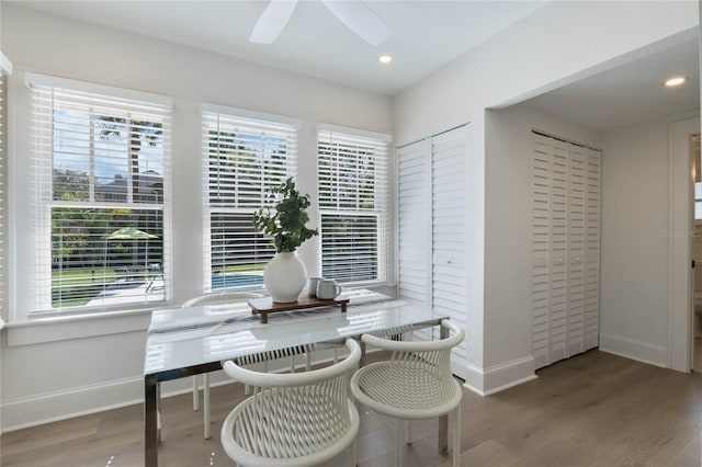 dining space with recessed lighting, a healthy amount of sunlight, baseboards, and wood finished floors