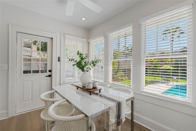 dining area featuring a ceiling fan, a healthy amount of sunlight, baseboards, and wood finished floors