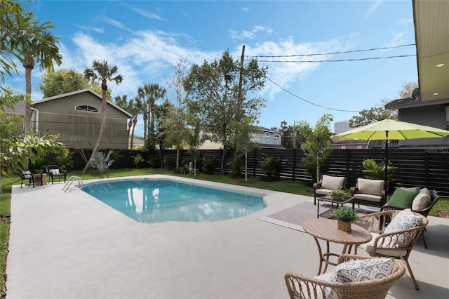 view of pool featuring a fenced in pool, a patio area, and a fenced backyard