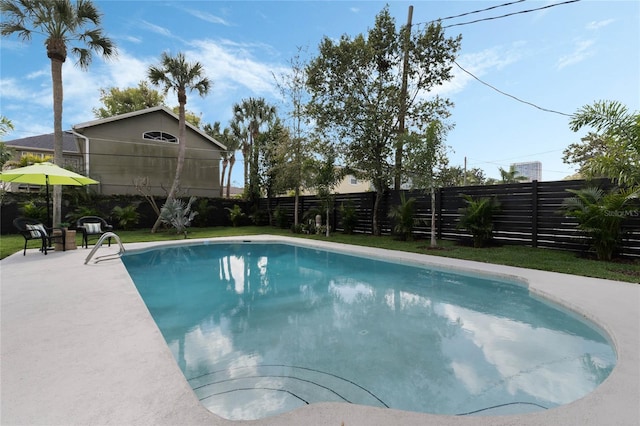 view of pool with a fenced in pool, a fenced backyard, and a patio