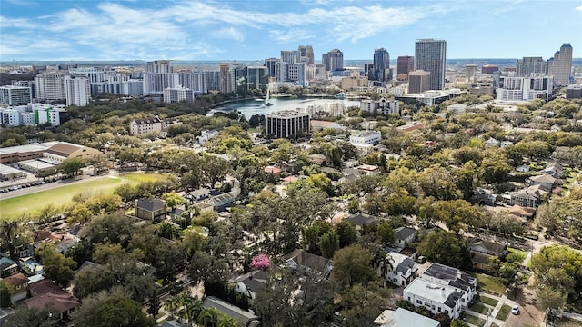 bird's eye view with a city view and a water view